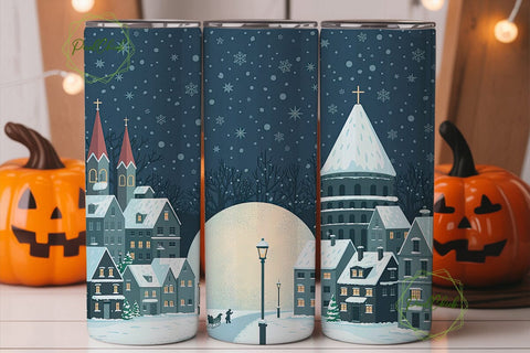 Winter Village Night 20oz Tumbler Wrap Sublimation PixelChick 