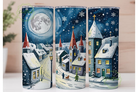 Winter Village Night 20oz Tumbler Wrap Sublimation PixelChick 