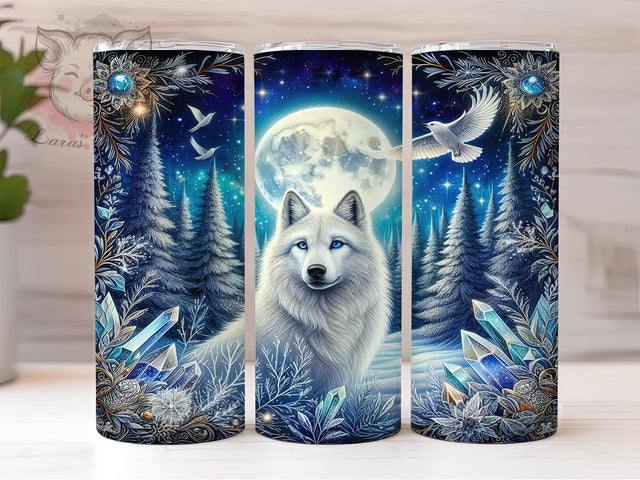 Winter Wolf Night Scene Tumbler Wrap, 20oz Skinny Sublimation Design, Mystical Wolf Art, Snowy Forest Tumbler Wrap, Full Moon Wolf Design, Wildlife Tumbler Gift Sublimation Lara' s Designs 