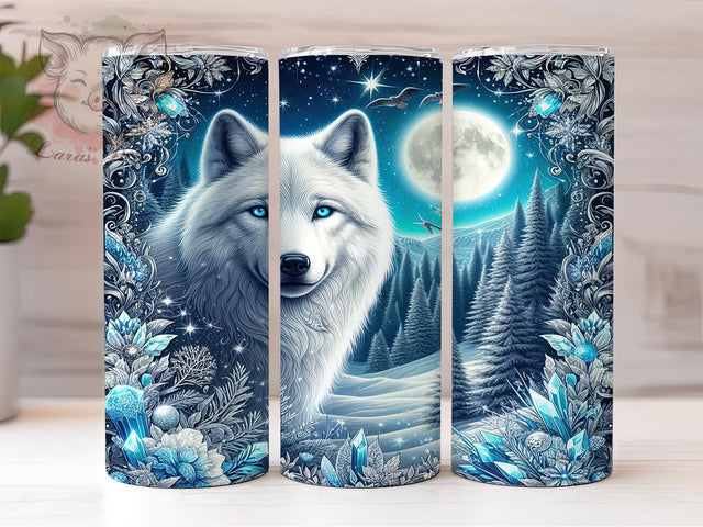 Winter Wolf Night Scene Tumbler Wrap, 20oz Skinny Sublimation Design, Mystical Wolf Art, Snowy Forest Tumbler Wrap, Full Moon Wolf Design, Wildlife Tumbler Gift Sublimation Lara' s Designs 