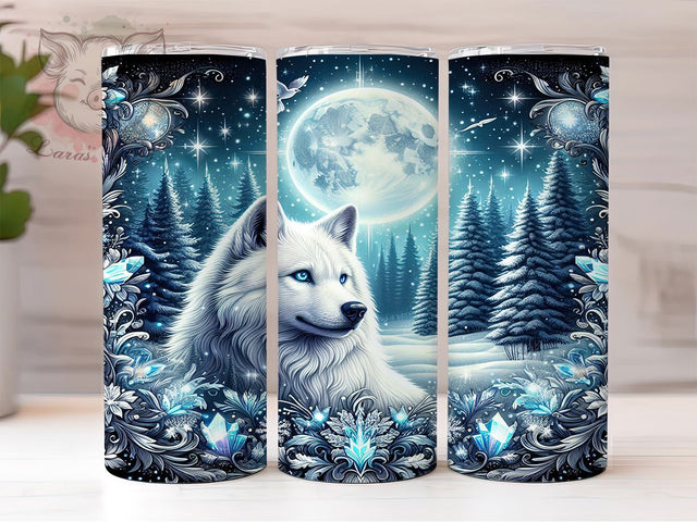 Winter Wolf Night Scene Tumbler Wrap, 20oz Skinny Sublimation Design, Mystical Wolf Art, Snowy Forest Tumbler Wrap, Full Moon Wolf Design, Wildlife Tumbler Gift Sublimation Lara' s Designs 