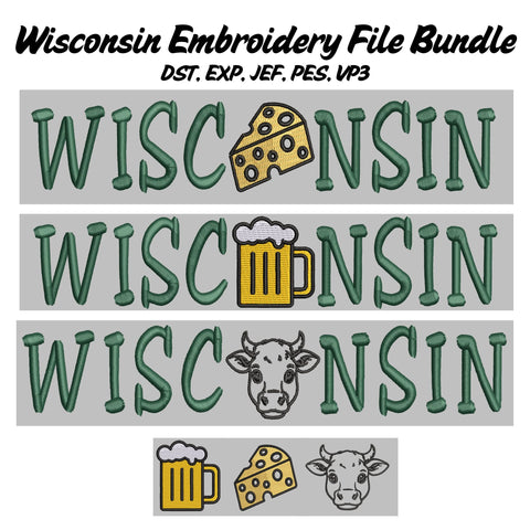 Wisconsin Embroidery File Bundle - Cheese Wedge, Cheese Head, Beer Mug, Cow Embroidery/Applique DESIGNS Stitched Haus 