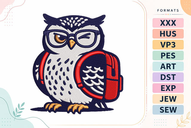 Wise Owl With Backpack Embroidery Design Embroidery/Applique DESIGNS sg embroidery 