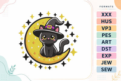Witch Cat on Crescent Moon Halloween Embroidery Design Embroidery/Applique DESIGNS sg embroidery 