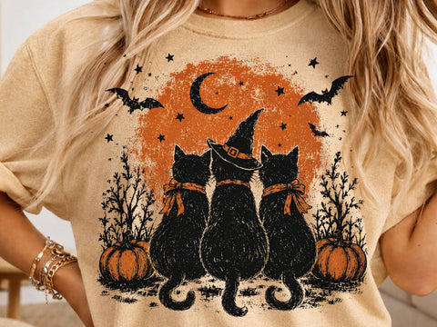 Witch Cat Trio Halloween Moon PNG SVG DesignDestine 