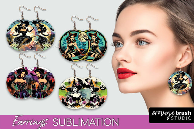 Witch Earrings PNG - Retro Halloween Earrings Sublimation Sublimation OrangeBrushStudio 