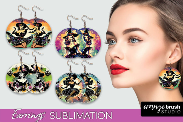 Witch Earrings PNG - Retro Halloween Earrings Sublimation Sublimation OrangeBrushStudio 