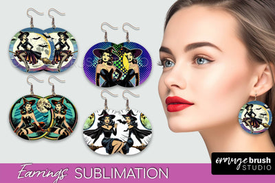 Witch Earrings PNG - Retro Halloween Earrings Sublimation Sublimation OrangeBrushStudio 