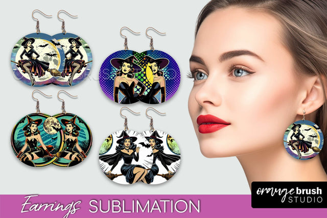Witch Earrings PNG - Retro Halloween Earrings Sublimation Sublimation OrangeBrushStudio 