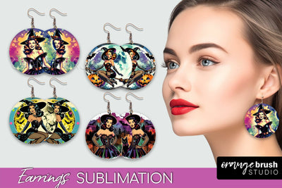 Witch Earrings PNG - Retro Halloween Earrings Sublimation Sublimation OrangeBrushStudio 