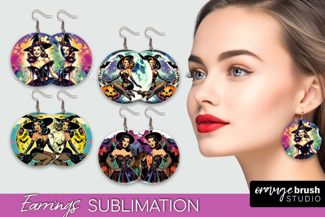 Witch Earrings PNG - Retro Halloween Earrings Sublimation Sublimation OrangeBrushStudio 