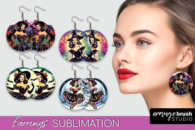 Witch Earrings PNG - Retro Halloween Earrings Sublimation Sublimation OrangeBrushStudio 