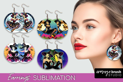 Witch Earrings PNG - Retro Halloween Earrings Sublimation Sublimation OrangeBrushStudio 