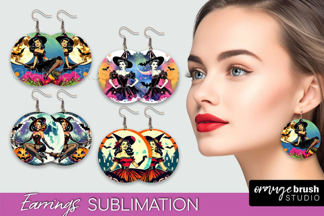 Witch Earrings PNG - Retro Halloween Earrings Sublimation Sublimation OrangeBrushStudio 