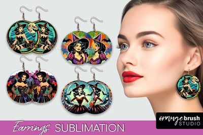 Witch Earrings PNG - Retro Halloween Earrings Sublimation Sublimation OrangeBrushStudio 