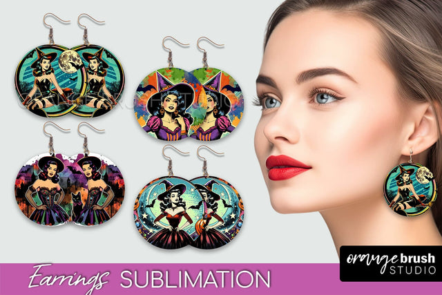 Witch Earrings PNG - Retro Halloween Earrings Sublimation Sublimation OrangeBrushStudio 