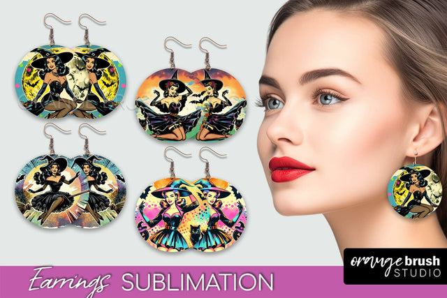 Witch Earrings PNG - Retro Halloween Earrings Sublimation Sublimation OrangeBrushStudio 