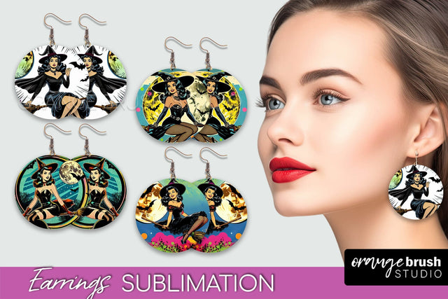 Witch Earrings PNG - Retro Halloween Earrings Sublimation Sublimation OrangeBrushStudio 