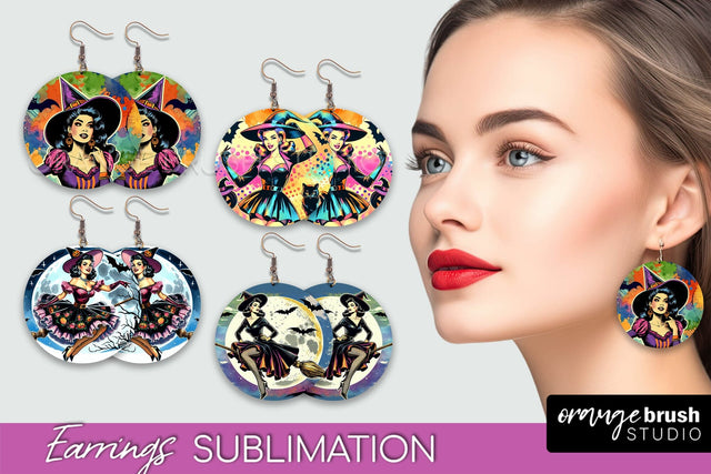 Witch Earrings PNG - Retro Halloween Earrings Sublimation Sublimation OrangeBrushStudio 