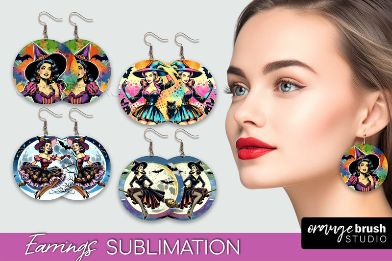 Witch Earrings PNG - Retro Halloween Earrings Sublimation Sublimation OrangeBrushStudio 
