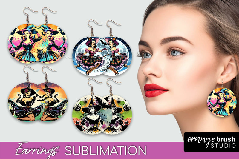 Witch Earrings PNG - Retro Halloween Earrings Sublimation Sublimation OrangeBrushStudio 