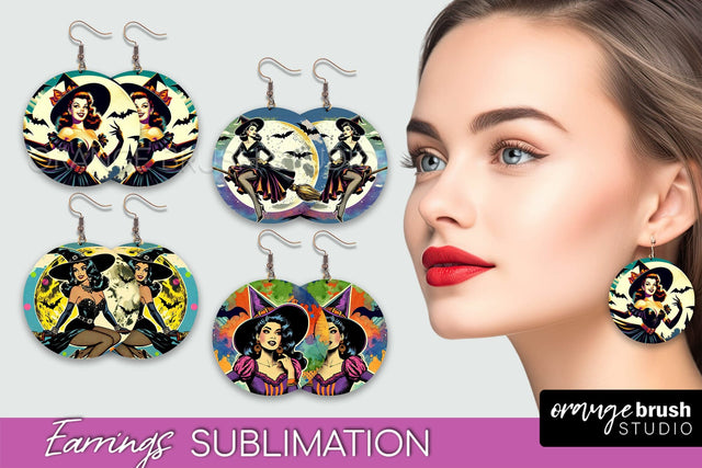 Witch Earrings PNG - Retro Halloween Earrings Sublimation Sublimation OrangeBrushStudio 