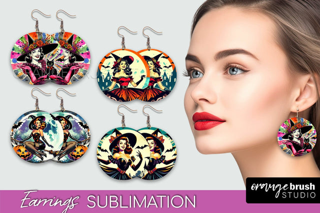 Witch Earrings PNG - Retro Halloween Earrings Sublimation Sublimation OrangeBrushStudio 