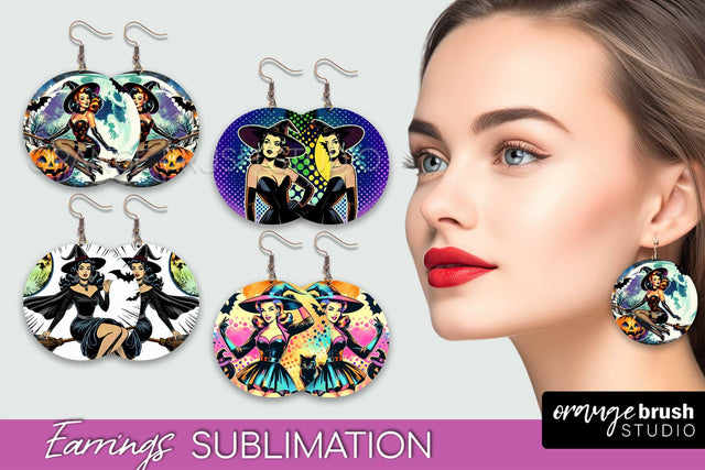 Witch Earrings PNG - Retro Halloween Earrings Sublimation Sublimation OrangeBrushStudio 