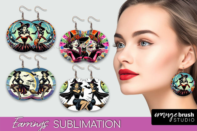 Witch Earrings PNG - Retro Halloween Earrings Sublimation Sublimation OrangeBrushStudio 