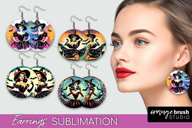 Witch Earrings PNG - Retro Halloween Earrings Sublimation Sublimation OrangeBrushStudio 