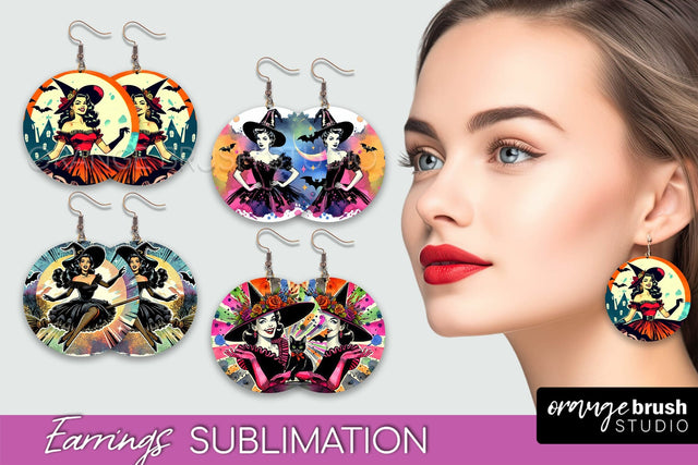 Witch Earrings PNG - Retro Halloween Earrings Sublimation Sublimation OrangeBrushStudio 
