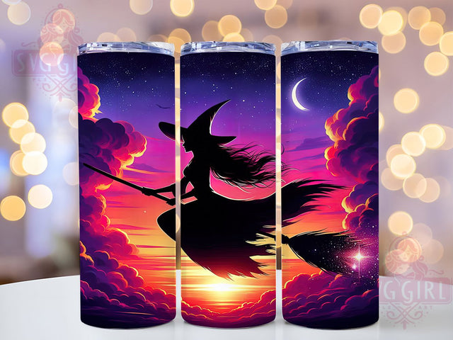 Witch Flying Halloween Sunset Tumbler, Halloween Sunset, Silhouette Tumbler, 20Oz Tumbler Wrap, Sublimation Drinkware, Spooky Aesthetic, Haunted Sky Sublimation SvggirlplusArt 
