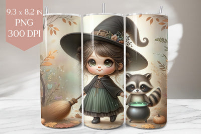 Witch Girl & Raccoon Tumbler PNG Wrap Sublimation BijouBay 