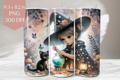 Witch Girl Tumbler PNG with Cat and Cauldron Sublimation BijouBay 
