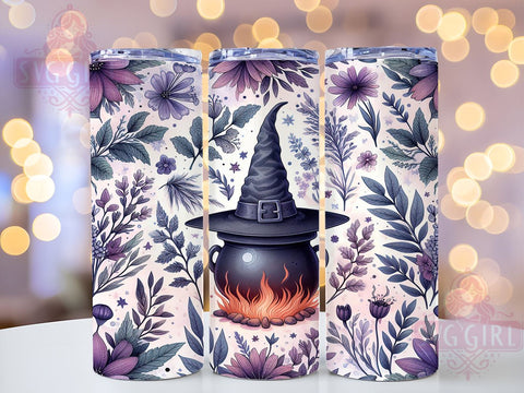 Witch Hat 20oz Tumbler Wrap Sublimation Design, Straight Tapered Tumbler Wrap, Purple Flowers Tumbler Png, Instant Digital Download Sublimation SvggirlplusArt 