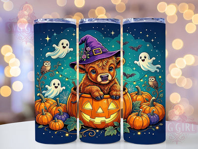 Witch Hat Highland Cow 20oz Tumbler, Witch Hat Motif, Highland Cow Design, Halloween Theme, Whimsical Accent, Rustic Charm, Sublimation Wrap, 20oz Tumbler Sublimation SvggirlplusArt 