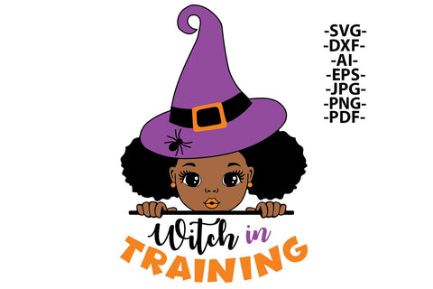 Witch in Training Afro Girl Halloween Clipart in SVG PNG JPG PDF DXF AI EPS Formats for Cricut Sublimation Toddler Shirts and Spooky Crafts SVG 1uniqueminute 