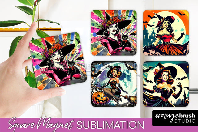 Witch Magnet Sublimation - Retro Halloween Magnet Designs Sublimation OrangeBrushStudio 
