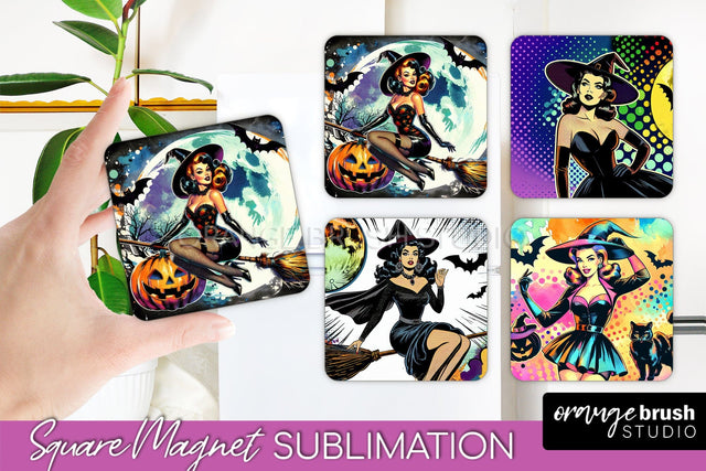Witch Magnet Sublimation - Retro Halloween Magnet Designs Sublimation OrangeBrushStudio 
