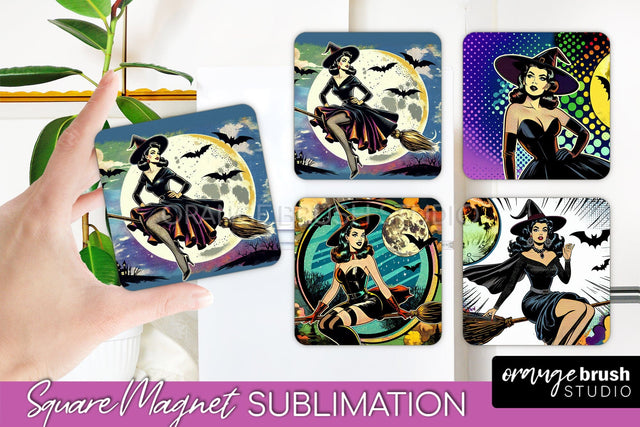 Witch Magnet Sublimation - Retro Halloween Magnet Designs Sublimation OrangeBrushStudio 