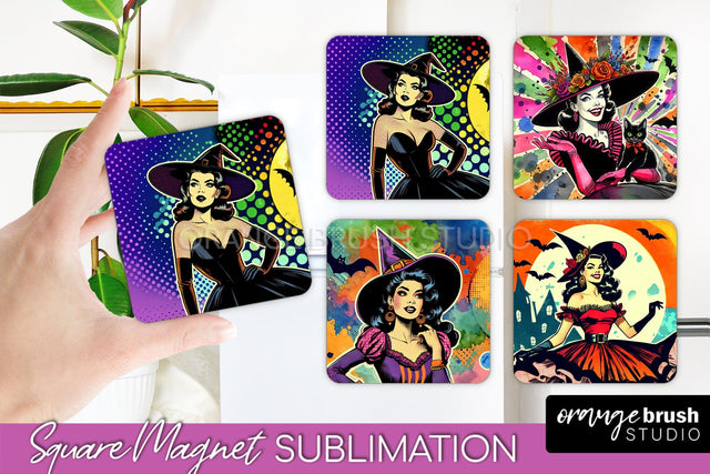 Witch Magnet Sublimation - Retro Halloween Magnet Designs Sublimation OrangeBrushStudio 