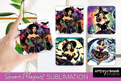 Witch Magnet Sublimation - Retro Halloween Magnet Designs Sublimation OrangeBrushStudio 