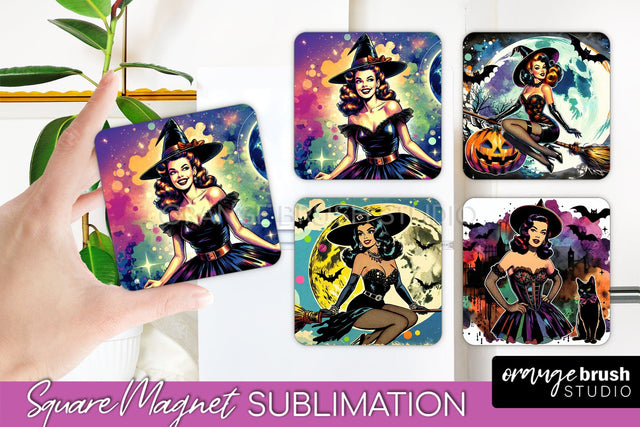 Witch Magnet Sublimation - Retro Halloween Magnet Designs Sublimation OrangeBrushStudio 