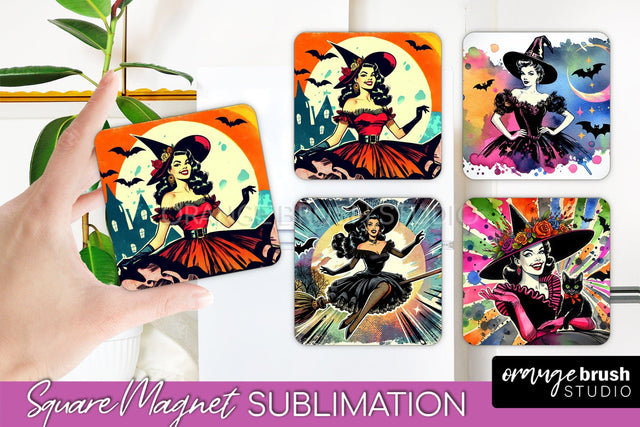 Witch Magnet Sublimation - Retro Halloween Magnet Designs Sublimation OrangeBrushStudio 