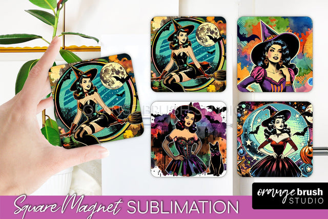 Witch Magnet Sublimation - Retro Halloween Magnet Designs Sublimation OrangeBrushStudio 