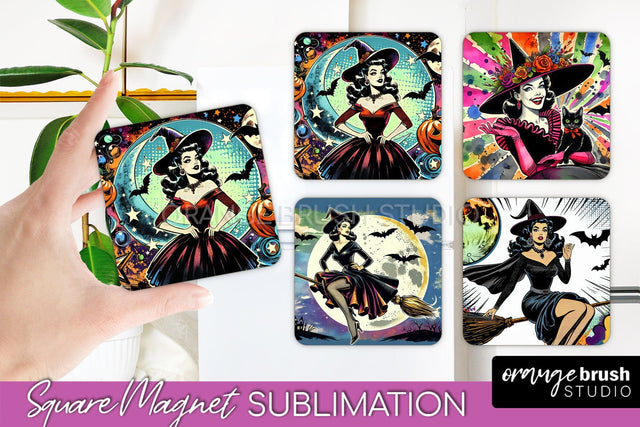 Witch Magnet Sublimation - Retro Halloween Magnet Designs Sublimation OrangeBrushStudio 