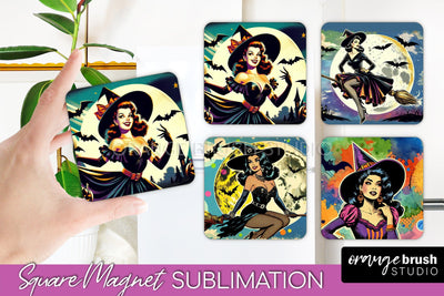 Witch Magnet Sublimation - Retro Halloween Magnet Designs Sublimation OrangeBrushStudio 