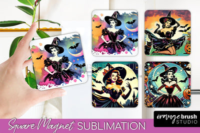 Witch Magnet Sublimation - Retro Halloween Magnet Designs Sublimation OrangeBrushStudio 