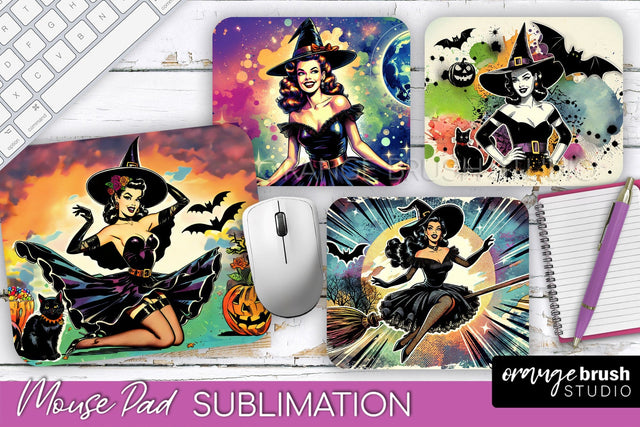Witch Mouse Pad - Retro Halloween Mousepad Sublimation PNG Sublimation OrangeBrushStudio 