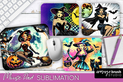 Witch Mouse Pad - Retro Halloween Mousepad Sublimation PNG Sublimation OrangeBrushStudio 